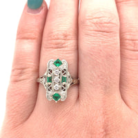 18k 3-Stone Diamond Filigree Ring with Synthetic Lab-Created Emeralds (#J5827)