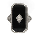 14k White Gold Filigree Genuine Natural Black Onyx and Diamond Ring (#J6612)