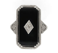 14k White Gold Filigree Genuine Natural Black Onyx and Diamond Ring (#J6612)