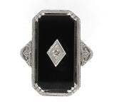 14k White Gold Filigree Genuine Natural Black Onyx and Diamond Ring (#J6612)
