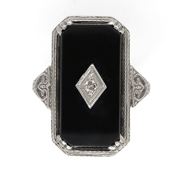 14k White Gold Filigree Genuine Natural Black Onyx and Diamond Ring (#J6612)