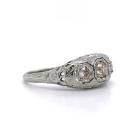 18k Gold Art Deco Three Stone Genuine Natural Diamond Filigree Ring (#J5587)