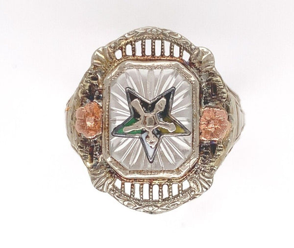 10k White Gold Filigree Camphor Glass Eastern Star Ring Jewelry (#J6211)