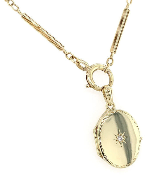 14k Yellow Gold Oval Locket with 14k Vintage Decorative Bar Link Chain (#J6516)