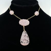 14k Yellow Gold Deco Carved Genuine Natural Rose Quartz Necklace (#J5926)