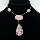 14k Yellow Gold Deco Carved Genuine Natural Rose Quartz Necklace (#J5926)