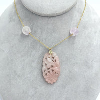 14k Yellow Gold Art Deco Carved Genuine Natural Rose Quartz Necklace (#J7180)