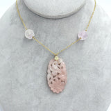 14k Yellow Gold Art Deco Carved Genuine Natural Rose Quartz Necklace (#J7180)