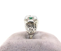 10k Gold Art Deco Genuine Natural Emerald and Diamond Filigree Ring (#J5523)