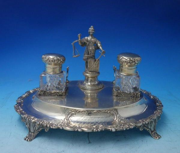 Portuguese .833 Silver Inkwell Double w/Footed Stand 3D Lady Justice (#5426)