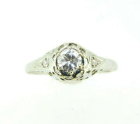 Art Deco 18K White Gold Filigree .35ct Genuine Natural Diamond Ring (#J4492)