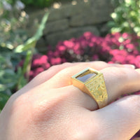 18k Gold Hand Engraved Men's Genuine Natural Tiger's Eye Quartz Ring (#J6219)