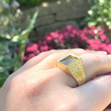 18k Gold Hand Engraved Men's Genuine Natural Tiger's Eye Quartz Ring (#J6219)