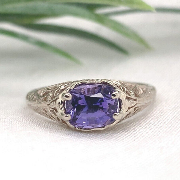 14k White Gold 1.43 Carat Purple Genuine Natural Sapphire Filigree Ring (#J7174)