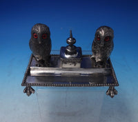 Silverplate Double Inkwell with Owls Glass Eyes 6 1/4" x 4 3/4" c.1910 (#5749)