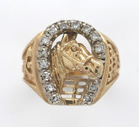 14k Yellow Gold Men's Genuine Natural Diamond Ring Horse and Horseshoe (#J6218)