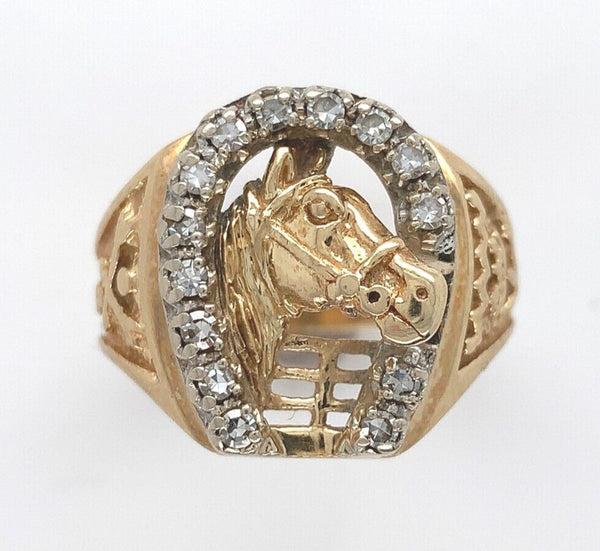 14k Yellow Gold Men's Genuine Natural Diamond Ring Horse and Horseshoe (#J6218)