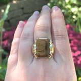 10k Gold Genuine Natural Tiger's Eye Men's Double Warrior Cameo Ring (#J6221)