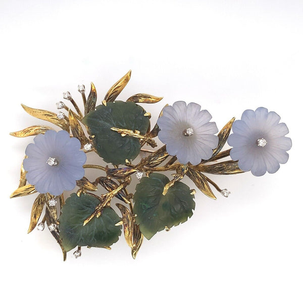 18k Yellow Gold Large Carved Chalcedony Flower and Jade Leaf Pin (#J6235)