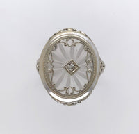 14k White Gold Genuine Natural Filigree Rock Crystal Diamond Ring (#J6206)