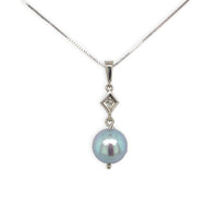 14k White Gold 8.8mm Blue Akoya Pearl and Diamond Pendant with Chain (#J7022)