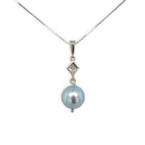 14k White Gold 8.8mm Blue Akoya Pearl and Diamond Pendant with Chain (#J7022)