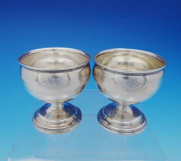George Sharp Coin Silver Salt Cellars Pair with Band of Engraved Design (#3742)