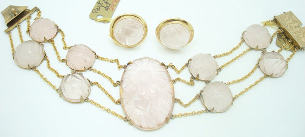 14k Gold Genuine Natural Rose Quartz Bracelet and Earring Set (#J2470)
