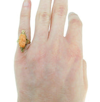 Art Nouveau 10K Yellow Gold Genuine Natural Coral Cameo Ring Floral (#J2227)