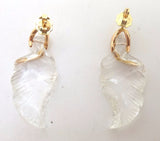 14k Rose Gold Carved Genuine Natural Rock Crystal Quartz Leaf Earrings (#J128)