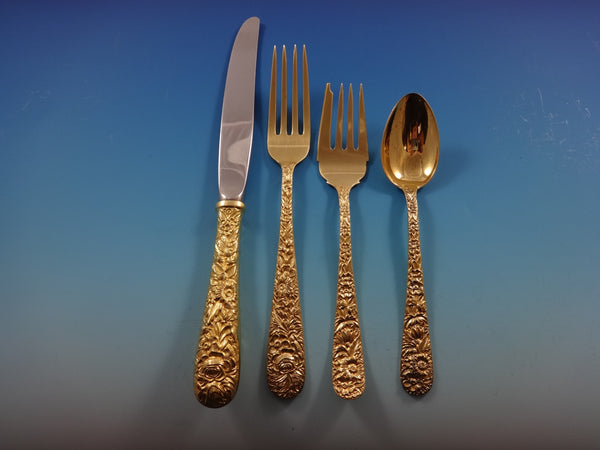 Repousse by Kirk Sterling Silver Flatware Set For 4 Service 25 Pieces Vermeil