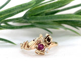 14k Yellow Gold Handwrought Rose Ring with Genuine Natural Ruby Diamond (#J7410)