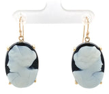 14k Yellow Gold Banded Black and White Genuine Agate Stone Cameo Earrings #J7456