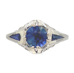 18k Gold Art Deco Filigree Blue Sapphire Ring w/Lab-Created Accent Stones #J6804