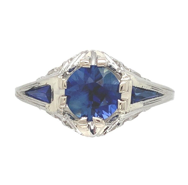 18k Gold Art Deco Filigree Blue Sapphire Ring w/Lab-Created Accent Stones #J6804