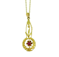 10k Yellow Gold Lavaliere Pendant with Red Glass and Applied Leaves (#J4764)