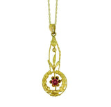 10k Yellow Gold Lavaliere Pendant with Red Glass and Applied Leaves (#J4764)