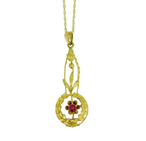 10k Yellow Gold Lavaliere Pendant with Red Glass and Applied Leaves (#J4764)