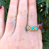 14k Yellow Gold Genuine Natural Turquoise and Diamond Band Ring (#J6396)