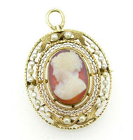 14k Yellow Gold Victorian Stone Cameo and Pearl Pin Pendant (#J5011)