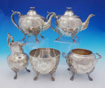 Bigelow Kennard Coin Silver Tea Set 5pc w/3-D Flower Finials Lion Paws (#3663)