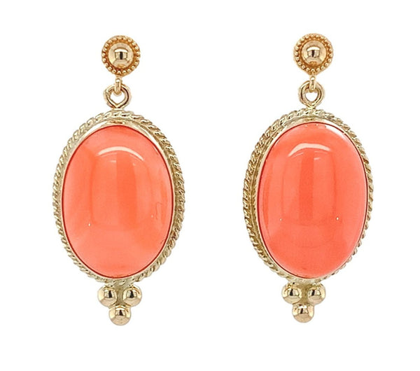 14k Yellow Gold Natural Coral Drop Earrings 11.53ct Total Weight (#J7293)