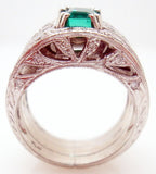 Heavy Platinum Fine Genuine Natural Emerald and Diamond Ring (#J2813)