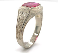 14k White Gold Men's Synthetic Lab-Created Ruby Ring w/ Hand Engraving (#J6643)