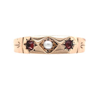 10k Rose Gold Victorian Band Ring with Seed Pearl and Garnets Size 6.5 (#J7118)