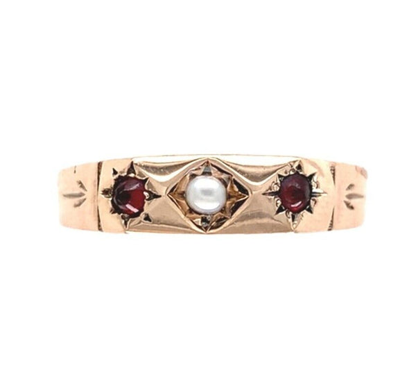 10k Rose Gold Victorian Band Ring with Seed Pearl and Garnets Size 6.5 (#J7118)