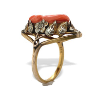 14k Gold Arts and Crafts Genuine Coral Cameo Ring Handwrought Flowers (#J7335)