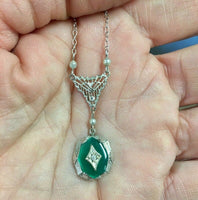 10k White Gold Green Onyx and Diamond Deco Pendant (#J5319)