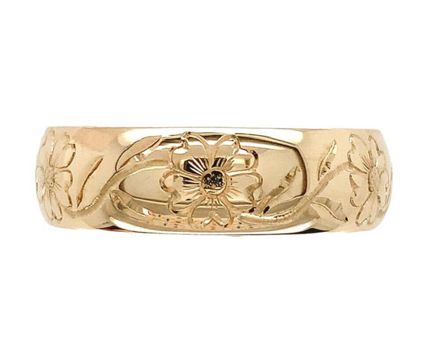 14k Yellow Gold Hand Engraved Wide Wedding Band Floral Ring Size 8.75 (#J6917)