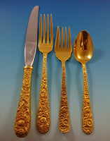 Repousse by Kirk Sterling Silver Flatware Set For 6 Service 32 pcs Vermeil Gold